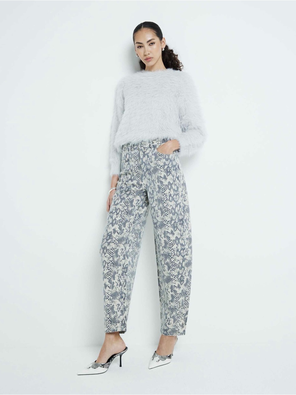 River Island Denim seamed snake print barrel jeans in ecru